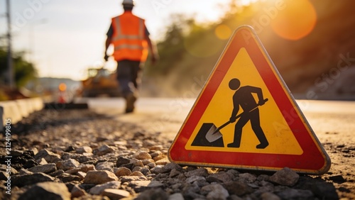 Road construction worker walking past yellow warning sign
