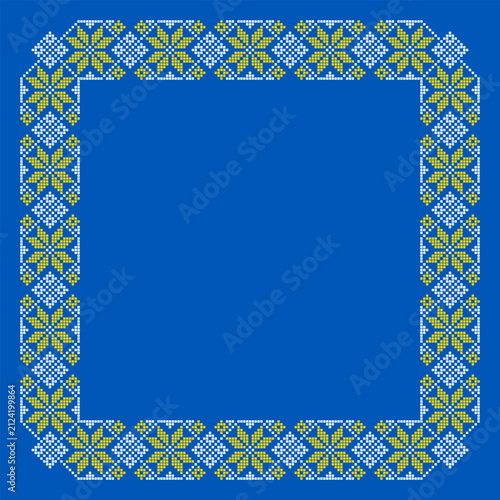 Ukrainian Dot Square Frame with Diamond Medallions and Eight Petal Floral Motifs in White and Yellow on Blue Background, Traditional Vyshyvanka Vector Ornament