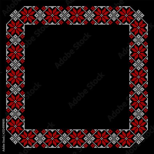 Ukrainian Square Pixel Frame with Diamond Medallions and Eight Petal Floral Motifs in Red and White on Black Background, Traditional Vyshyvanka Vector Ornament
