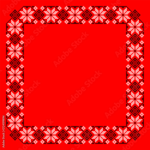 Ukrainian Dot Square Frame with Diamond Medallions and Eight Petal Floral Motifs in Black and White on Red Background, Traditional Vyshyvanka Vector Ornament