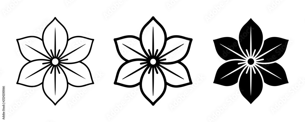 Fototapeta premium Six Petal Flower Icons, Floral Vector Graphics, Botanical Symbols, Decorative Elements, Outline and Silhouette Designs