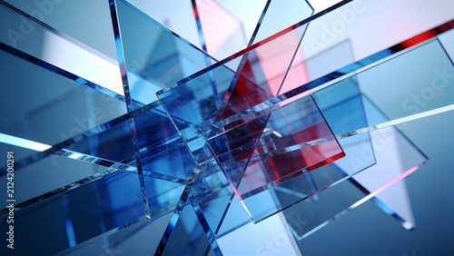 Abstract geometric glass panels overlapping in blue light