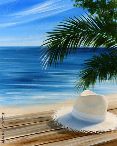 Breezy Beach Scene With a Sun Hat Resting on Wooden Deck