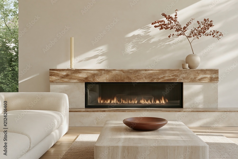 Fototapeta premium Quiet luxury living room featuring a modern fireplace with a simple wooden mantel, elegant decor, and natural light streaming through large windows