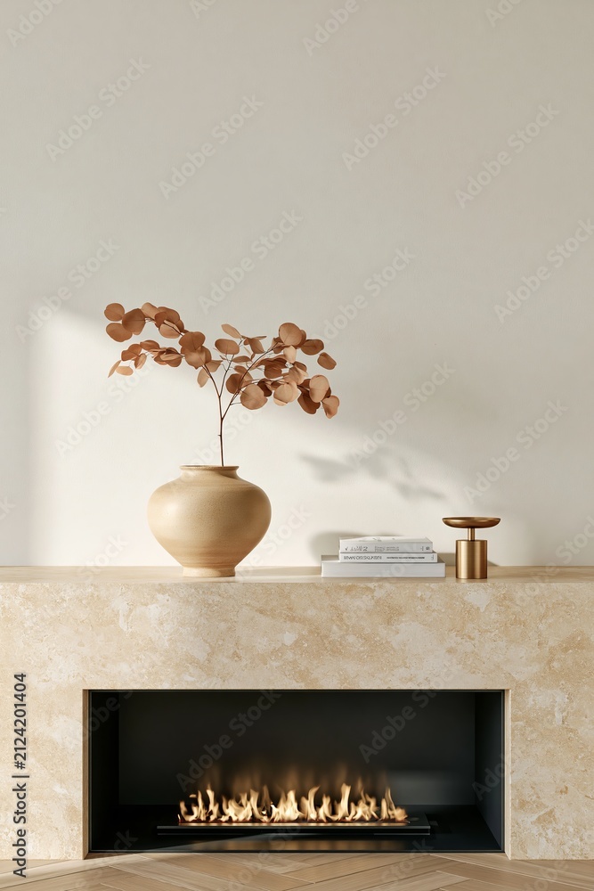 Fototapeta premium Closeup of a honed limestone fireplace mantel featuring a decorative vase with dried leaves, a small candle holder, and stacked books on a minimalist interior wall