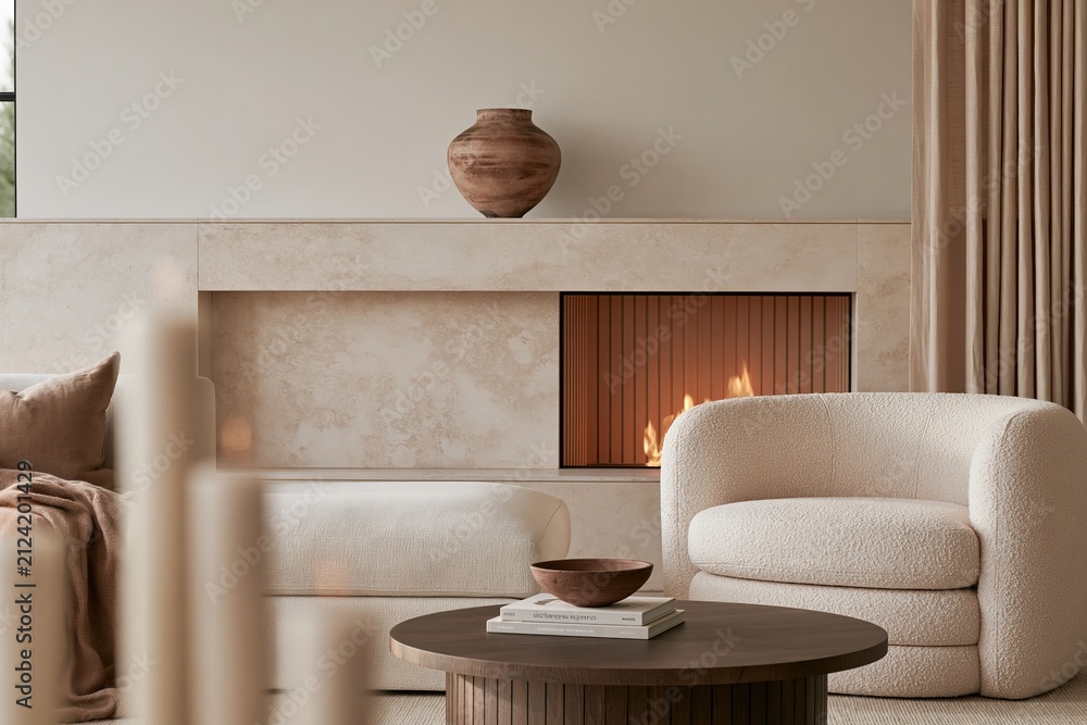 Fototapeta premium Modern living room interior featuring a cozy fireplace, plush armchair, wooden coffee table, decorative vase, and soft textiles in a neutral color palette