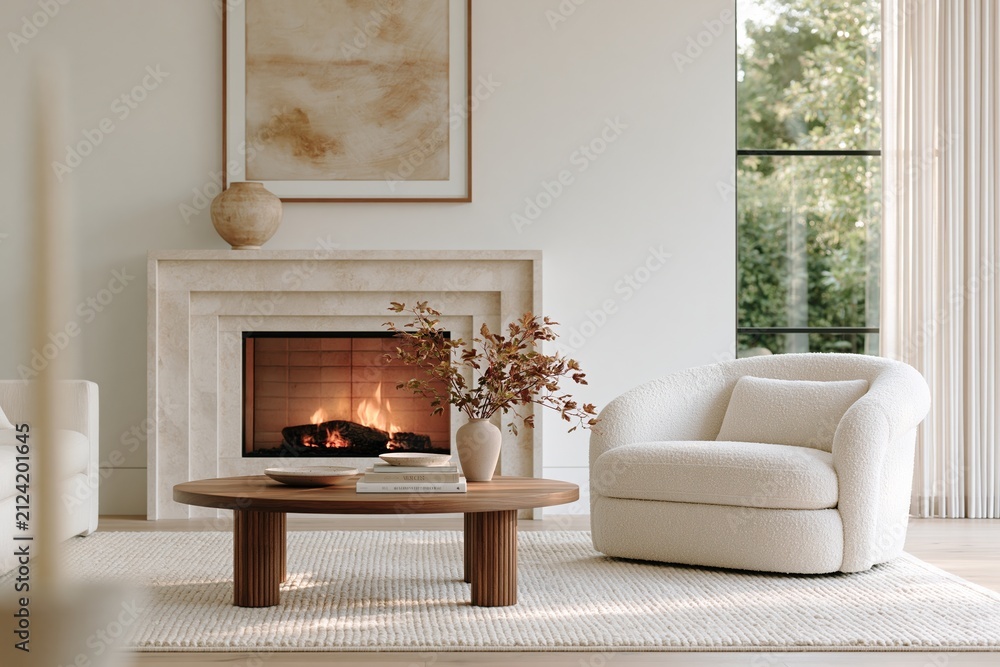 Fototapeta premium Modern living room interior featuring a cozy fireplace, plush white armchair, wooden coffee table, and decorative vase with flowers, large windows allowing natural light