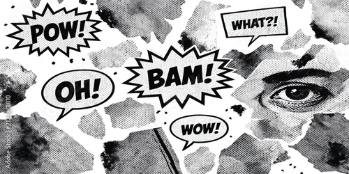 Comic book style pop art page with speech bubbles and halftone texture halftone expression illustration creative abstract fragment newspaper monochrome dialogue scrapbook background