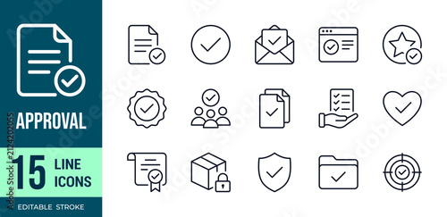 Approval line icons, business management and confirmation symbols, editable stroke
