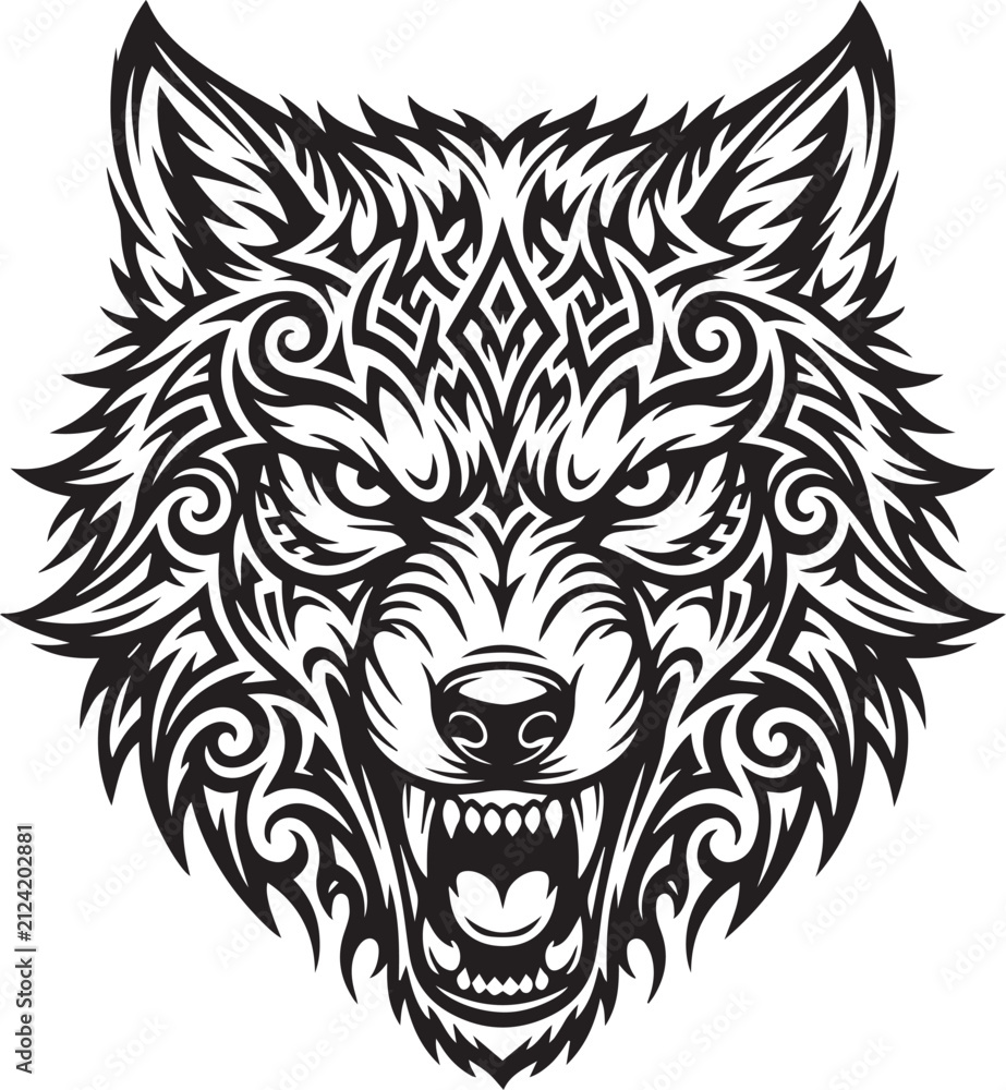 Fototapeta premium Intricate Black and White Tribal-Style Wolf Head Illustration with Fierce Expression