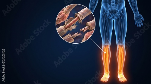 3D Medical Illustration of Damaged Nerve Fibers in Lower Legs Depicting Myelin Sheath Degeneration and Neuropathy