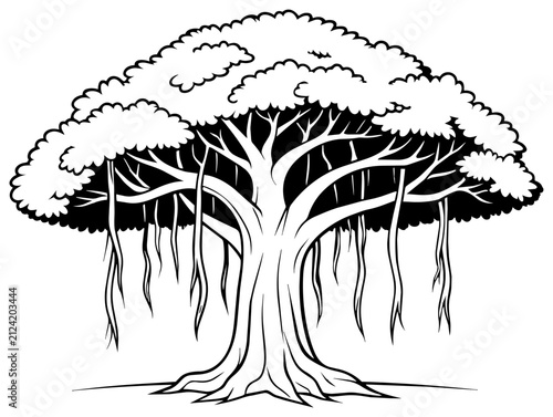 Banyan Tree Line Art Illustration With Aerial Roots on PNG Background