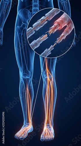 3D Medical Illustration of Human Peripheral Nerve Damage and Demyelination in the Legs with Microscopic Detail