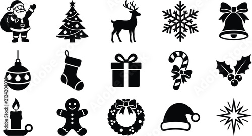 Set of black and white hand drawn christmas doodle icons isolated on a white background