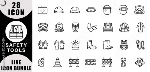 Fotografie Safety Equipment and Personal Protective Equipment Line Icon Set Workplace Protection and Construction Safety