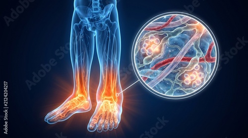 3D Medical Illustration of Ankle Joint Inflammation with Microscopic View of Cellular Reaction and Arthritis Symptoms