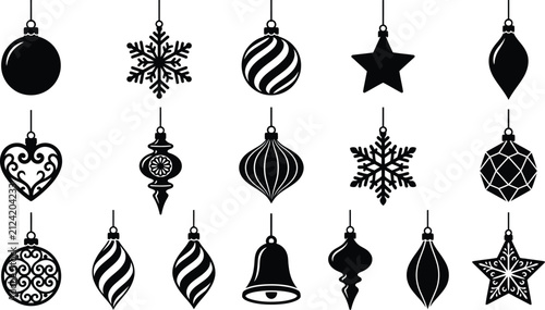 Set of black silhouette christmas tree ornaments and baubles isolated on a white background for holiday design