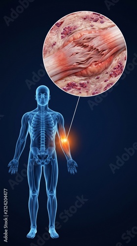 3D Medical Illustration of Elbow Tendon Tear and Inflammation with Microscopic View of Damaged Muscle Tissue