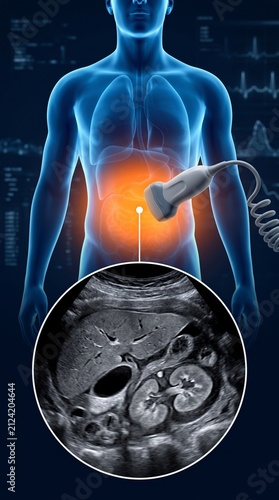 3D Abdominal Ultrasound Scan Visualization of Internal Organs and Digestive System on Blue Human Silhouette