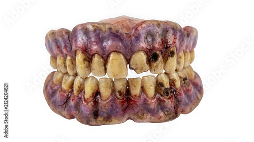 Realistic set of old decayed dentures with stained teeth and purple gums isolated on transparent background