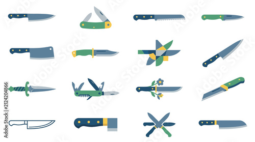 Fotografía Collection of folding pocket knives and multi-tool icons.