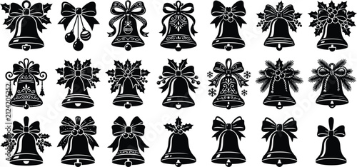 Set of various decorative christmas bells with bows and holly leaves in black and white silhouette style
