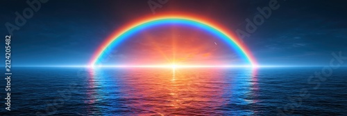 Vibrant rainbow arching over the ocean at sunset with sun rays reflecting on the water