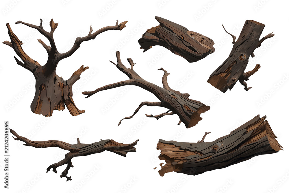 Fototapeta premium Collection of twisted dry branches and weathered wood pieces