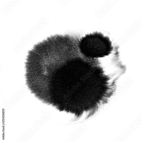Powdery black ink cloud with grainy spray texture and small ring on white