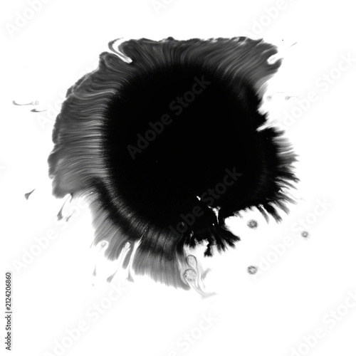 Flowing black ink drop spreading in water with marbled swirls and dripping edges