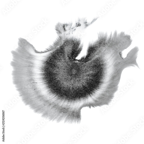 Soft muted ink wash blot with grainy radial texture on white in sumi-e style