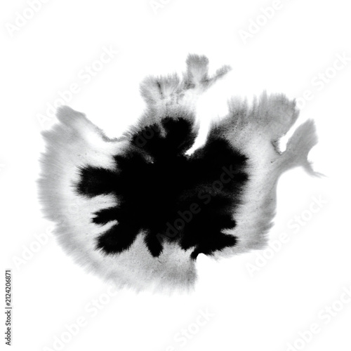 Black ink blot with dark core and soft feathered gray halo on white background