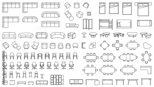 Modern Furniture CAD Blocks Top View Architectural Symbol Vector Collection Set