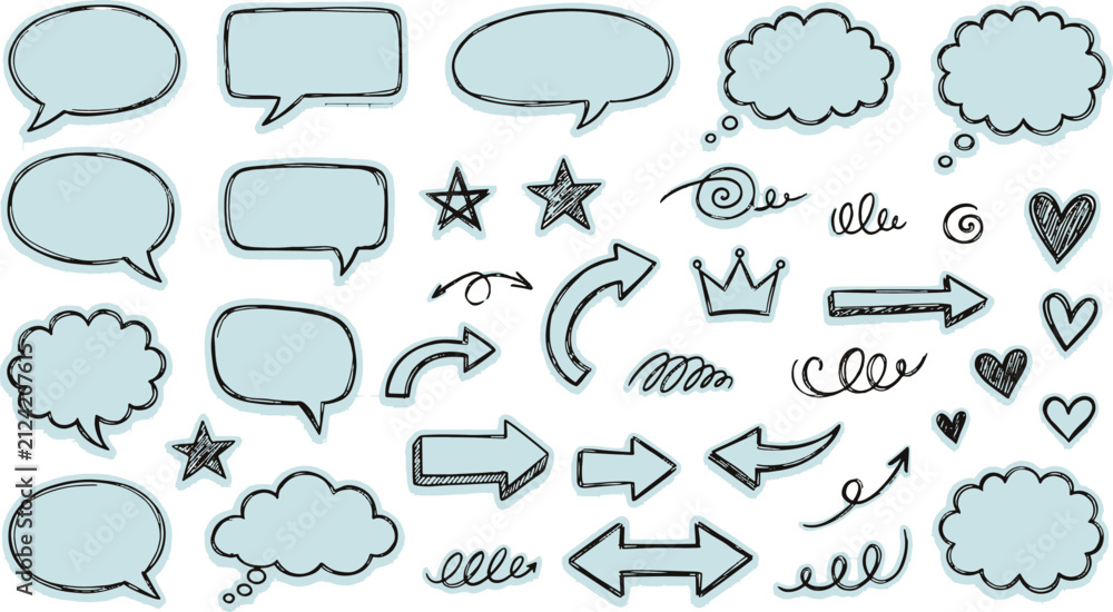 Fototapeta premium Hand drawn speech bubbles and decorative elements sketch style illustration set with communication dialogue decoration elements collection callouts scribble creative illustration