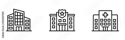 Set of building icons including office building, police station, and hospital