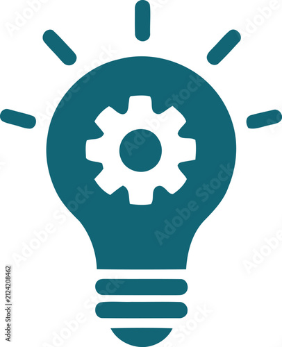 Teal lightbulb with a gear inside and radiating lines, representing innovation and technical ideas, flat on white