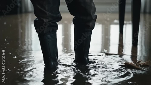Person wearing waterproof boots standing in deep water inside a flooded house after a storm