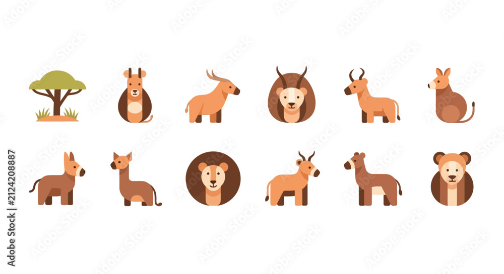 Obraz premium Flat Vector Icon Set Featuring Various African Wildlife Animals and Savannah Trees for Design Projects