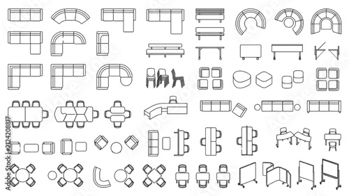 Modular Furniture CAD Blocks Top View Monoline Office Seating Vector Collection