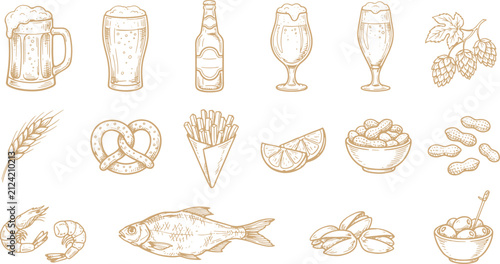 Bild auf Leinwand Beer pub snacks and brewery drink hand drawn illustration set with bar food pret