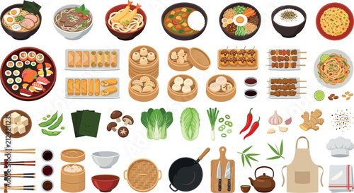 Asian food vector element set featuring traditional Japanese sushi ramen Chinese dim sum noodles and kitchen cooking utensils isolated on white background