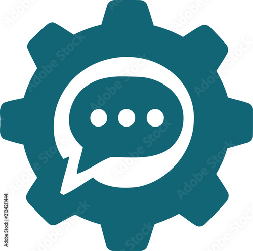 Teal gear with a white speech bubble containing three dots in the center, representing communication and settings, flat