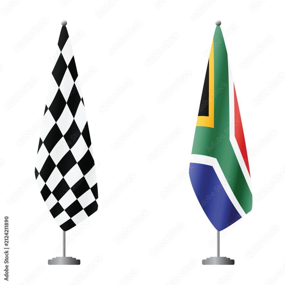 Fototapeta premium Checkered and South Africa flags on flagpoles for official ceremonies and meetings, transparent background vector