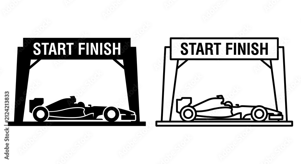 Obraz premium Racing Car Under Start finish Arch Black And White Vector Illustration