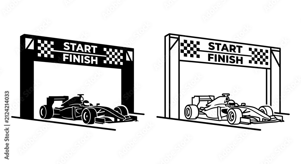 Fototapeta premium Formula race car approaching start finish line black and white illustration