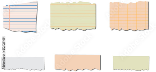 Set of Torn Notebook Paper Strips with Lined and Grid Memo Notes