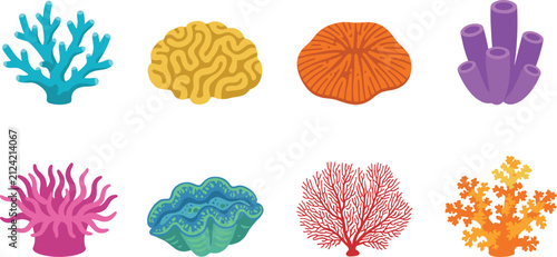 Marine Coral Reef Vector Collection with Brain Coral Sea Sponge Sea Anemone and Giant Clam