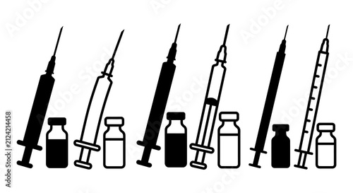 Принти на полотні Syringes And Vials Silhouette On White Background Medical Equipment