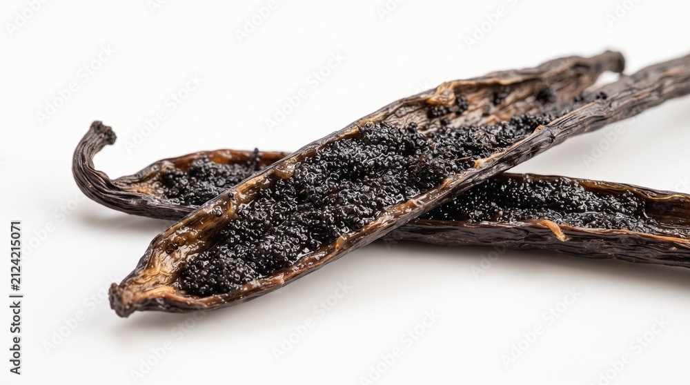 Fototapeta premium Split vanilla bean pods with seeds isolated on white background