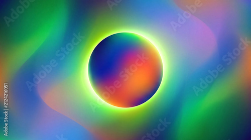A vibrant, abstract orb glows with neon green light against a fluid, colorful gradient background.